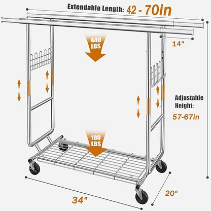 Heavy Duty Clothes Rack Load 620 Lbs, Double Rod Rolling Clothing Rack With Sturdy Wheel And Shelves，Adjustable Portable Hanging Rack For Clothes,Silver Stainless Steel
