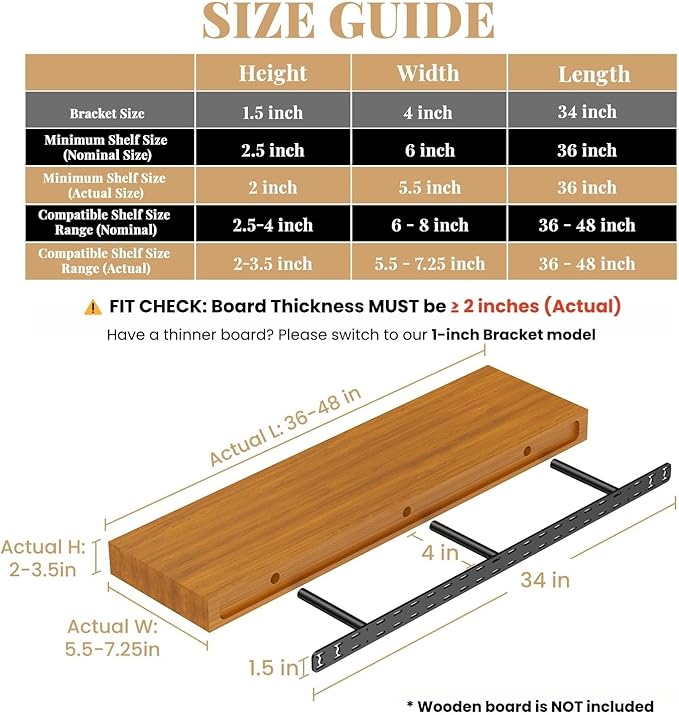 2pcs Floating Shelf Hardware Heavy Duty Hidden Shelf Brackets Support,Wall Mounting Invisible Floating Shelves Bracket with Jig (34" x 4" x 1.5" with Tools)