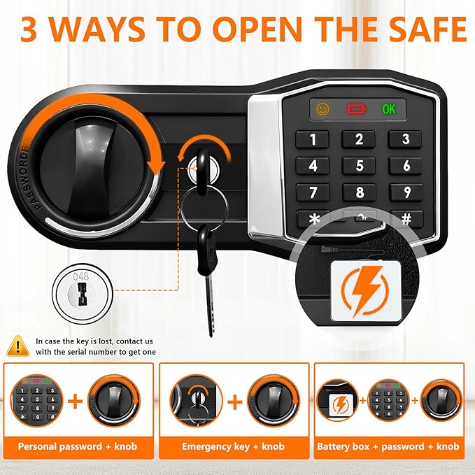 1.3 Cub Small Fireproof Safe for Home, Security Anti-Theft Fire Proof Safe Box with Spare Keys, Programmable Keypad and Alarm System, Digital Fireproof and Waterproof Safes for Document Money Medicine