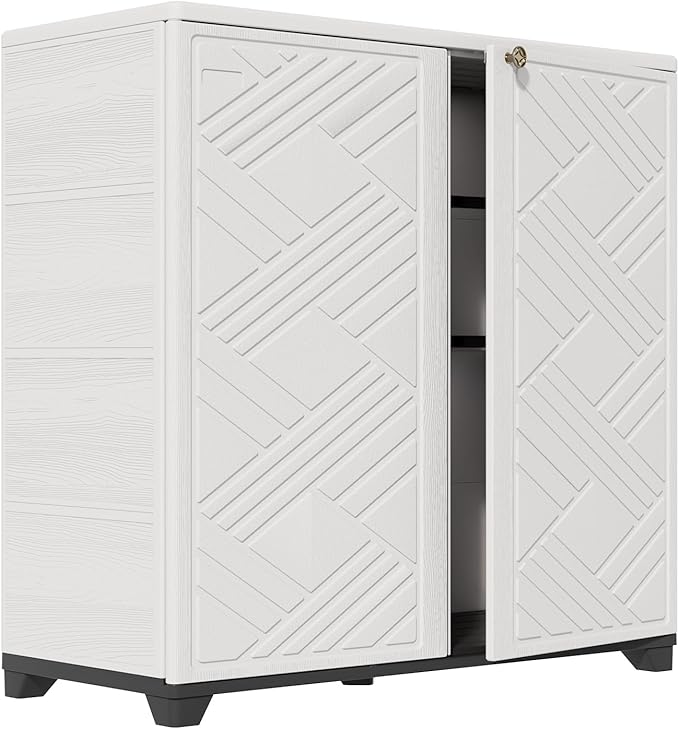 HOMSPARK Indoor/Outdoor Storage Cabinet with Doors and 2 Metal Shelves, 34”x15”x34” HDPE Plastic Storage Box for Patio, Garden, Enterway, Balcony, Multi-Purpose for Daily Tools, White