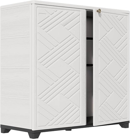 HOMSPARK Indoor/Outdoor Storage Cabinet with Doors and 2 Metal Shelves, 34”x15”x34” HDPE Plastic Storage Box for Patio, Garden, Enterway, Balcony, Multi-Purpose for Daily Tools, White