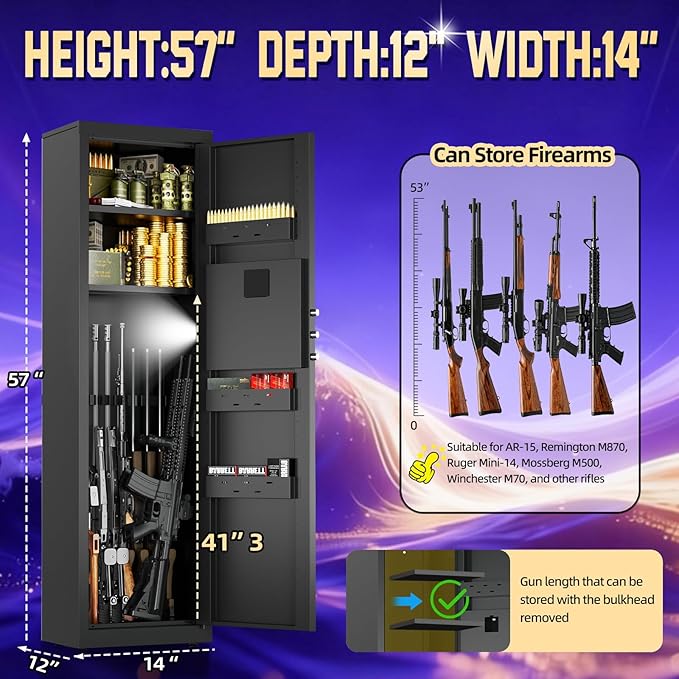 6-9 Gun Safe for Rifles and Pistols, Quick Access Gun Cabinets for Rifles and Shotguns with Digital Keypad, Rifle Safe with Removable Shelves and Alarm System, Easy Assembly Gun Locker