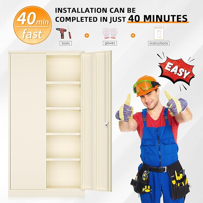 INTERGREAT Tall Metal Storage Cabinet Locking Steel with 4 Adjustable Shelves,72" Lockable Cabinets Lock 2 Doors for Office Garage Supply Home (Cream Gray)