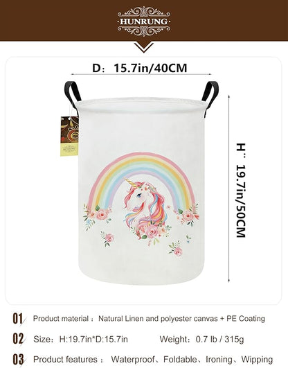 HUNRUNG Laundry Hamper,Large Canvas Fabric Lightweight Storage Basket Toy Organizer Dirty Clothes Collapsible Waterproof for College Dorms（Round-Rainbow Unicorn）