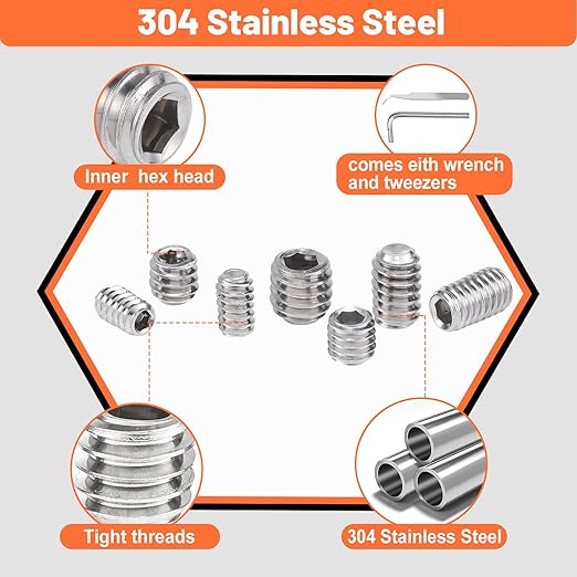 400 Pcs 25 Size Set Screws Metric&SAE Set Screw Assortment Kit 304 Stainless Steel Head Socket Metric Set Screws for Bathroom Fixtures Door Handles(M3-M8, 1/8"-40 to 5/16"-18)