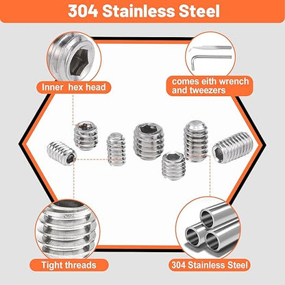 400 Pcs 25 Size Set Screws Metric&SAE Set Screw Assortment Kit 304 Stainless Steel Head Socket Metric Set Screws for Bathroom Fixtures Door Handles(M3-M8, 1/8"-40 to 5/16"-18)