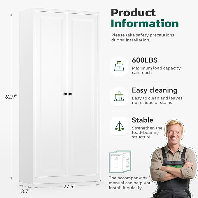 Greenvelly Metal Cabinet, 63" H White Metal Storage Cabinet with Doors and 4 Shelves, Pantry Storage Cabinet for Kitchen, Bedroom, Living Room, Office (Modern)