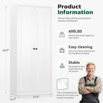 Greenvelly Metal Cabinet, 63" H White Metal Storage Cabinet with Doors and 4 Shelves, Pantry Storage Cabinet for Kitchen, Bedroom, Living Room, Office (Modern)