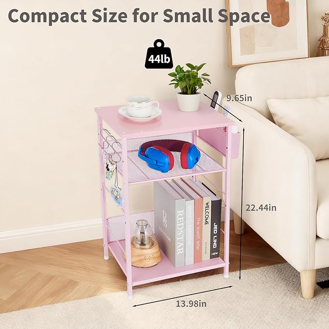 Small Under Desk Storage, Pink Printer Stand with Storage Shelf, 3-Tier Height Adjustable Printer Table with Basket & 3 Hooks for Home Office Fax Machine Scanner Files