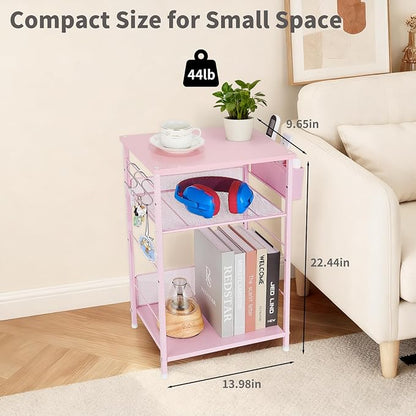 Small Under Desk Storage, Pink Printer Stand with Storage Shelf, 3-Tier Height Adjustable Printer Table with Basket & 3 Hooks for Home Office Fax Machine Scanner Files
