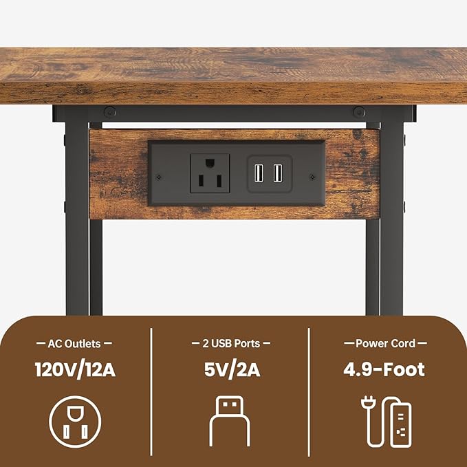 Printer Table, 2-Tier Under Desk Printer Stand with Charging Station, Printer Stand with Wheels, Printer Shelf for Small Spaces, PrinterCart for Home Office Rustic Brown