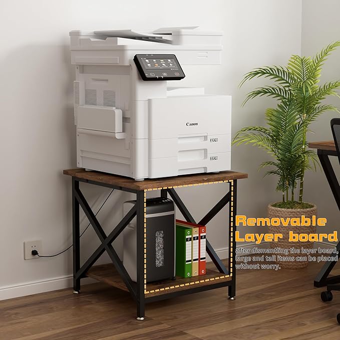 Large Printer Stand with Power Outlet, with Storage Shelf, 2 Tier Rolling Printer Cart with Industrial Wheels, 23.6 x 23.6 Inches Printer Table for Home Office,Rustic Brown