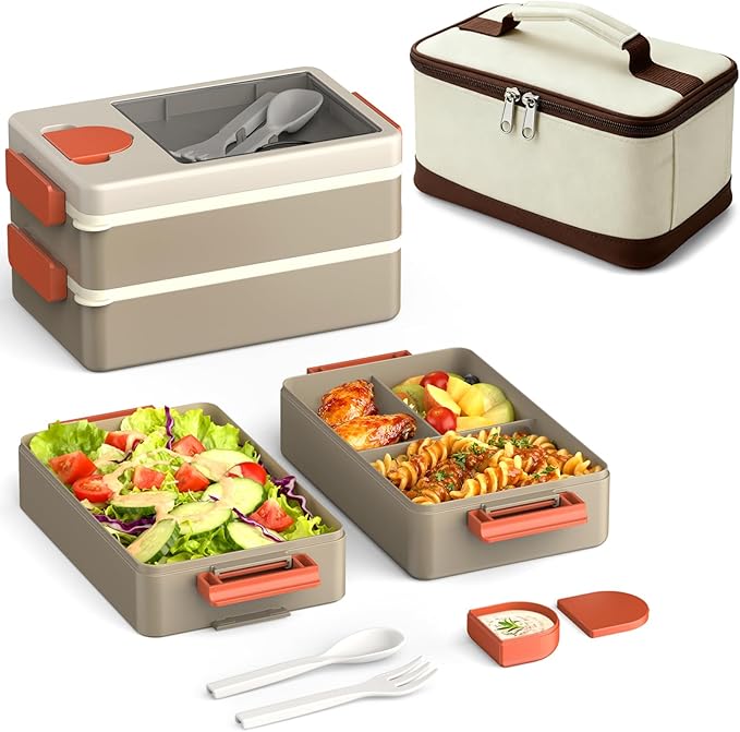 Bento Box Adult Lunch Box – 2-Layer Stackable Lunch Container with Utensils & Insulated Bag, 67oz Large Capacity, Leakproof & Microwave Safe, BPA-Free Bento Lunch Box for Work, Gym, Outdoor (Khaki)