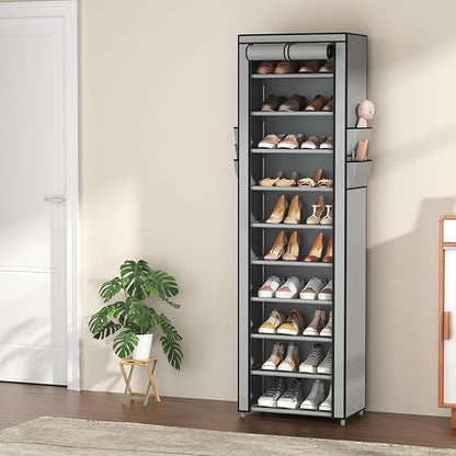 VTRIN Vertical Narrow Shoe Rack Organizer Tall Shoe Rack for Closet Entryway 10 Tier Non-Woven Cover Shoe Shelf Holds 20-22 Pairs Free Standing Shoe Storage Cabinet with Dustproof Cover, Grey