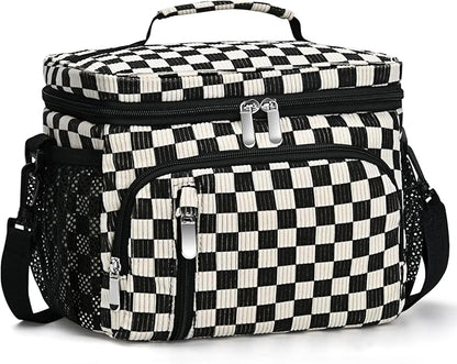 Insulated Lunch Bag for Men & Women, 9L Leakproof Lunch Box Soft Cooler Tote with 5 Pockets, 600D Oxford, EVA Lining, Adjustable Strap for Work, Picnic, Beach&Travel-Corduroy Black Checkered