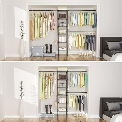 Ulif M1 Closet Storage Organizer System, 6 Tiers Heavy Duty Metal Garment Rack with 3 Expandable Hanger Rods, Wall Mounted Space Saver Suits from 5.4-8.7 ft. Width, 71.2”H x 14”D, 700LBS, Black