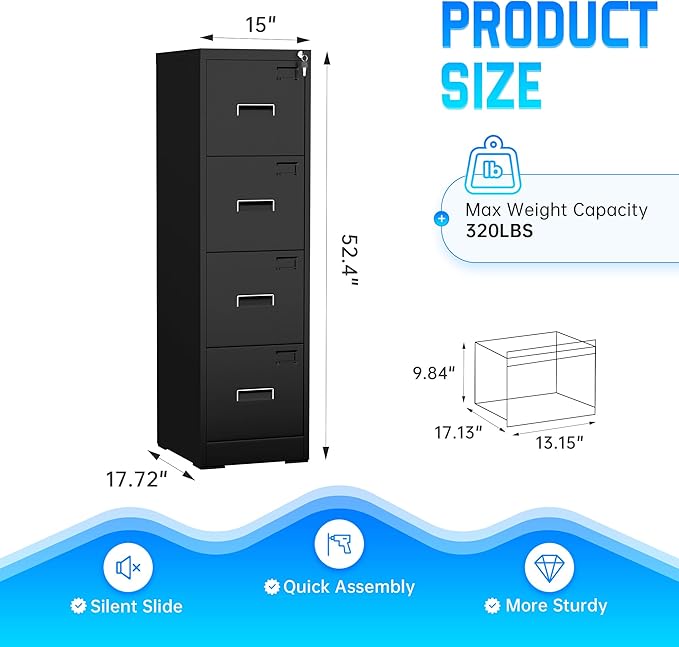 Greenvelly 18" D Metal 4-Drawer Locking Vertical File Cabinet for Home Office, Black Metal for Hanging Letter/Legal Folders, Easy Assemble