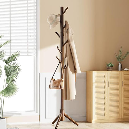 Pipishell Sturdy Wooden Coat Tree with 8 Hooks, 3 Adjustable Sizes for Clothes, Hat Stand Used in Bedroom/Office/Entryway, Brown