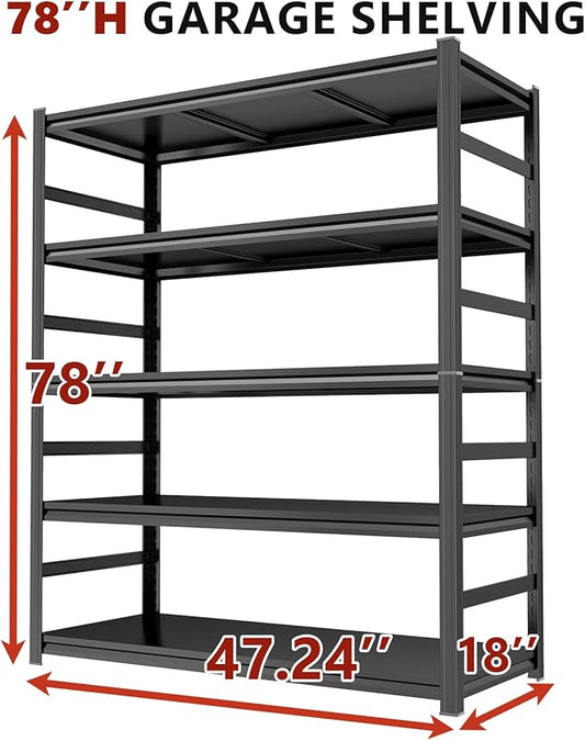 Metal Garage Shelving Unit, Heavy Duty Steel Storage Shelves, 3000 lbs Capacity, Adjustable 5-Tier Metal Shelf, Ideal for Garage, Warehouse, or Home Organization (with fence 47.24" W x 18" D x 78" H)