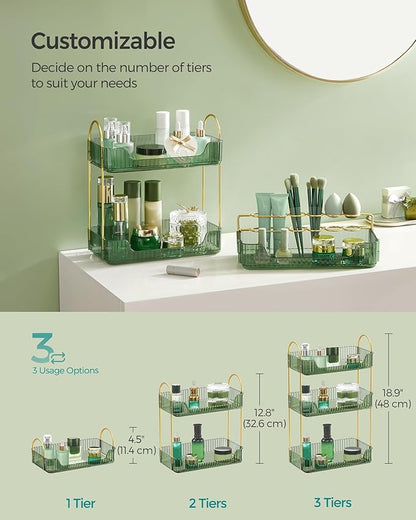 SONGMICS Makeup Organizer, 3-Tier Skincare Organizer Countertop, Customizable, 2 Types of Accessories, Jewelry Holder, for Vanity, Bedroom, Bathroom, Pale Green UJKA013C01