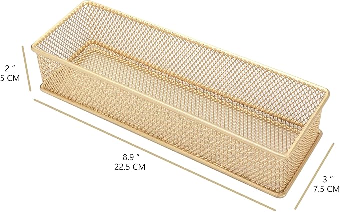 Annova Mesh Stackable Drawer Cabinet and Shelf Organizer Bins Storage Basket School Office Supply Holder Tray- Set of 2 (Gold, 3x9x2 Inch)