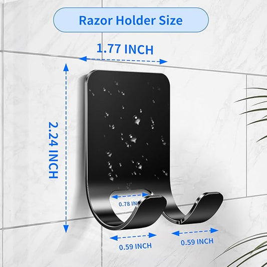 4Pcs Razor Holder, Shaver Hook Hanger, Multipurpose Self Adhesive Double Hooks, Silver Black Stainless Steel Shower Hooks, For Bathroom and Kitchen Storage, Includes Loofah, Towel, Plug, Clothes