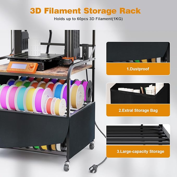 3D Printer Stand with Filaments Storage, 3D Printer Table with Storage, Heavy Duty Rolling 3D Printer Stand with 2-Tier Dustproof Shelves, Table for 3D Printer for Workshop Studio Office