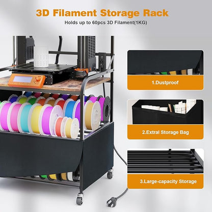 3D Printer Stand with Filaments Storage, 3D Printer Table with Storage, Heavy Duty Rolling 3D Printer Stand with 2-Tier Dustproof Shelves, Table for 3D Printer for Workshop Studio Office