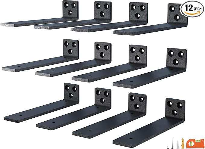 8 Inch Floating Shelf Brackets, Heavy Duty Hidden Bracket for Wall, Mantel, Bookshelves, Black Powder Coated Steel, 12-Pack