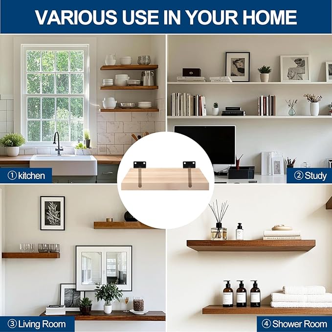 12 Pcs 8" Black Steel Floating Shelf Bracket Blind Shelf Supports - Hidden Brackets for Floating Wood Shelves - Concealed Blind Shelf Support – Screws and Wall Plugs Included
