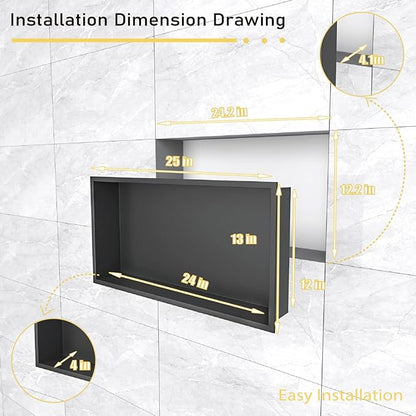 Shower Niche 24"x12"，No Tile Needed，Stainless Steel Niche Bathroom for Shower Wall，Matte Black （ 24 x 12 in）