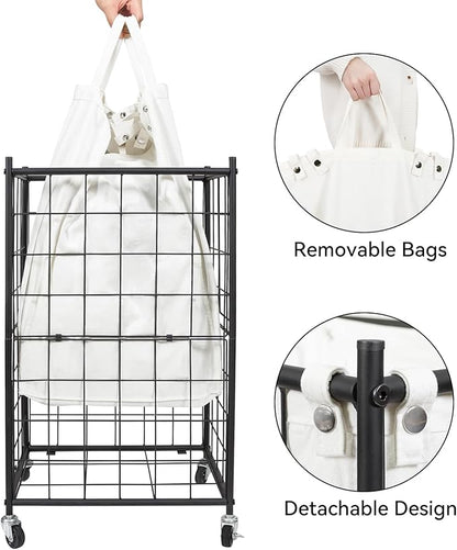 WOWLIVE Laundry Hamper with Wheels,Metal Wire Frame Rolling Laundry Basket with Removable bag,100L Dirty Clothes Hamper Organizer Dorm Room Storage for Bedroom,Bathroom,Black and White