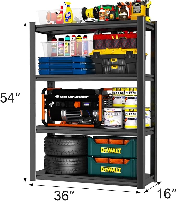 Metal Garage Shelving Unit, Heavy Duty Adjustable Storage Rack, Steel Shelving,2000 lbs Capacity, Industrial Shelves for Heavy Tools and Equipment (4-Tier 54" H x 36" W x 16" D)
