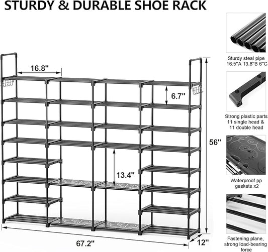 Mavivegue Extra Large Shoe Rack, 8 Tier 4 Rows 72-76 Pairs Big Tall Metal Shoe Shelf,Big Boot Rack Storage Organizer for Garage,Show Rack Shoe Holder Stand,Closet Rack Organizers and Storage