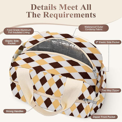 Lunch Box for Women, Cute Corduroy Grid Insulated Lunch Bag Women Reusable Work Leakproof Simple Adults Large Lunch Boxes Tote Bag Men Cooler Bag
