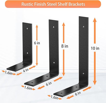 Black Heavy Duty Shelf Brackets 6 Inch, Rustic Gold Iron L Shelf Bracket, Industrial Modern Metal Floating Shelf with Hardware for DIY Open Shelving, 4 Pack