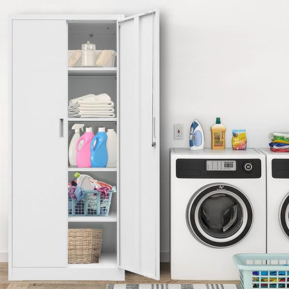 Metal Storage Cabinet, 71”H Locking Storage Cabinet with 5 Adjustable Shelves, Steel Cabinets for Garage, Home, Office, Pantry (White)