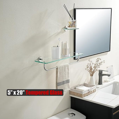 JQK Bathroom Glass Shelf Polished Chome, Shelf with 19 Inch Towel Bar Tempered Glass Shower Storage 20 by 5 inches, 304 Stainless Steel Silver Finish Wall Mount, TGS100L20-CH
