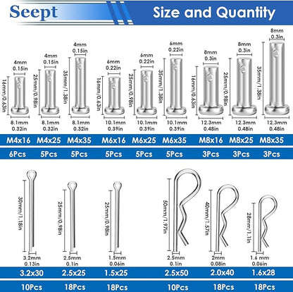 132Pcs Clevis Pin Assortment Kit - 304 Stainless Steel Cotter Pins & Carbon Steel Clevis Pins for Trailer Latch - Single Hole Clevis Pins for Versatile Use