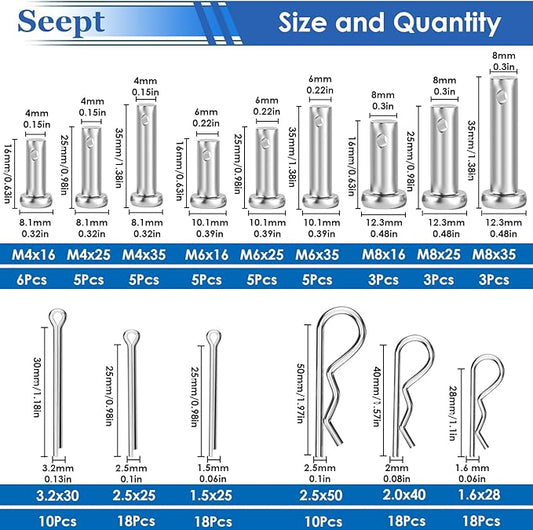 132Pcs Clevis Pin Assortment Kit - 304 Stainless Steel Cotter Pins & Carbon Steel Clevis Pins for Trailer Latch - Single Hole Clevis Pins for Versatile Use