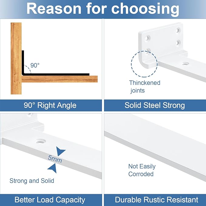Heavy Duty Shelf Brackets, Floating Shelf Bracket 8 inch 4 Pack L Brackets for Shelves White Metal Support Bracket for DIY Decorative with Screws