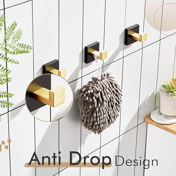 KOKOSIRI Robe Hooks for Wall Bathroom Towel Hooks Coat Hook Kitchen Garage Heavy Duty Wall Mounted Stainless Steel Brushed Gold and Matte Black, 3 Pack B1010GDK-P3