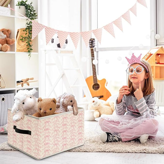 Pink Coquette Bow Floral Storage Bin Box with Handles, French Country Rustic Pink Flower Foldable Organizer Basket Toybox for Girls Room Dorm Bedroom Bathroom Clothes Toys Books