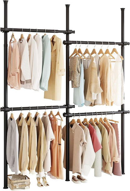 Floor to Ceiling Clothes Rack, Heavy-Duty Telescopic Garment Rack, 43–122in Height & 30–47in Width, 220lbs Total Load Capacity, 4-Pole, Black