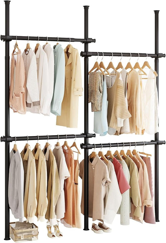 Floor to Ceiling Clothes Rack, Heavy-Duty Telescopic Garment Rack, 43–122in Height & 30–47in Width, 220lbs Total Load Capacity, 4-Pole, Black