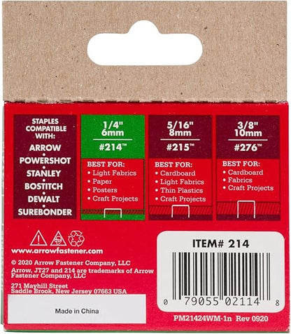 Arrow 214 JT21 Thin Wire Staples for Staple Guns and Staplers, Use for Upholstery, Crafts, General Repairs, 1/4-Inch Leg Length, 7/16-Inch Crown Width, 1000-Pack, Grey