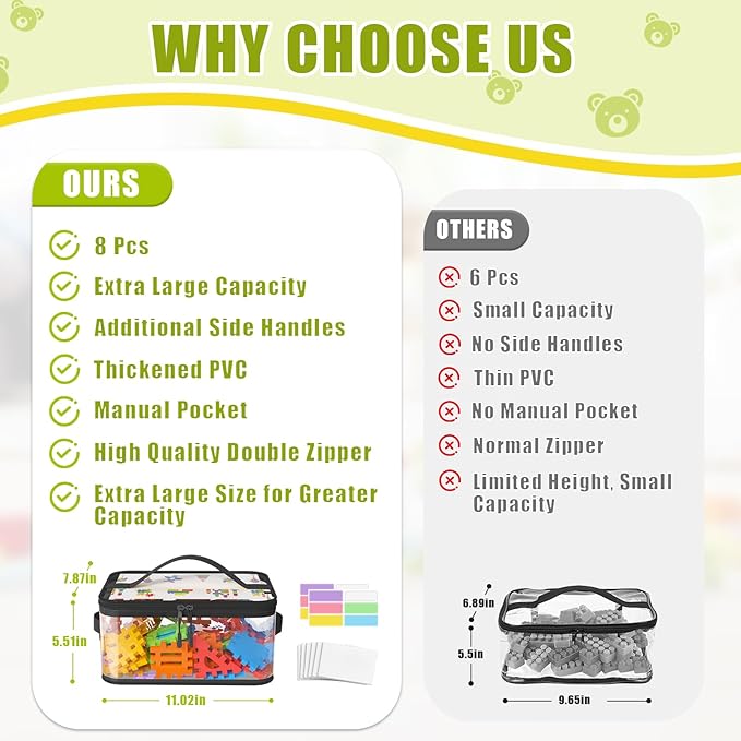 8 Packs Large Toy Storage Bags with Labels, Reusable Clear PVC Board Game Storage, Travel Waterproof Toy Organizer Bags with Name Tag and Manual Pocket for Building Blocks, Puzzle, Kids Books