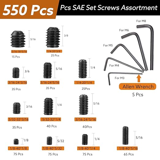 1400 Pcs 26 Size Set Screw Kit Metric&SAE Set Screw Assortment Kit 12.9 Alloy Steel Head Socket Hex Metric Set Screws Kit Black Zinc Plated Cup-Point Screws (M3-M8, 1/8"-40 to 5/16"-18)