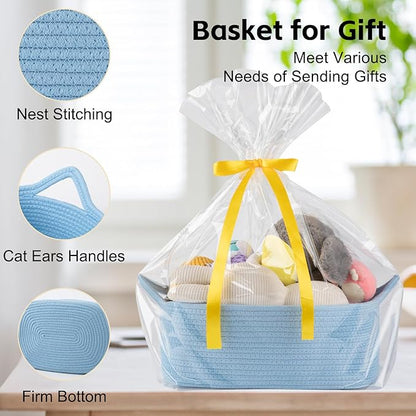 OIAHOMY Woven Basket, Gift Basket Empty with Gift Bags and Ribbons, Rope Baskets for Baby Showers, Storage Baskets with Handles for Nursery, Pet Toy Organizer - Blue