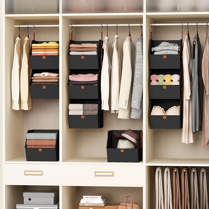 Collapsible Hanging Closet Organizer - 6 Tier Closet Shelves Storage System with Hooks, Fabric Hanging Storage Bins for Clothes, Foldable Storage Basket for Laundry, Bedroom, Rv, Black